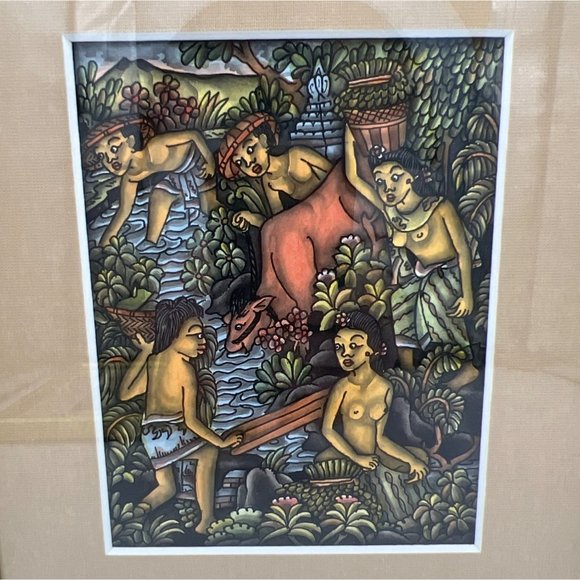 Pair of Bali Framed & Matted Prints River Scene Balinese Women Working 9" x 7.5" - Picture 6 of 6